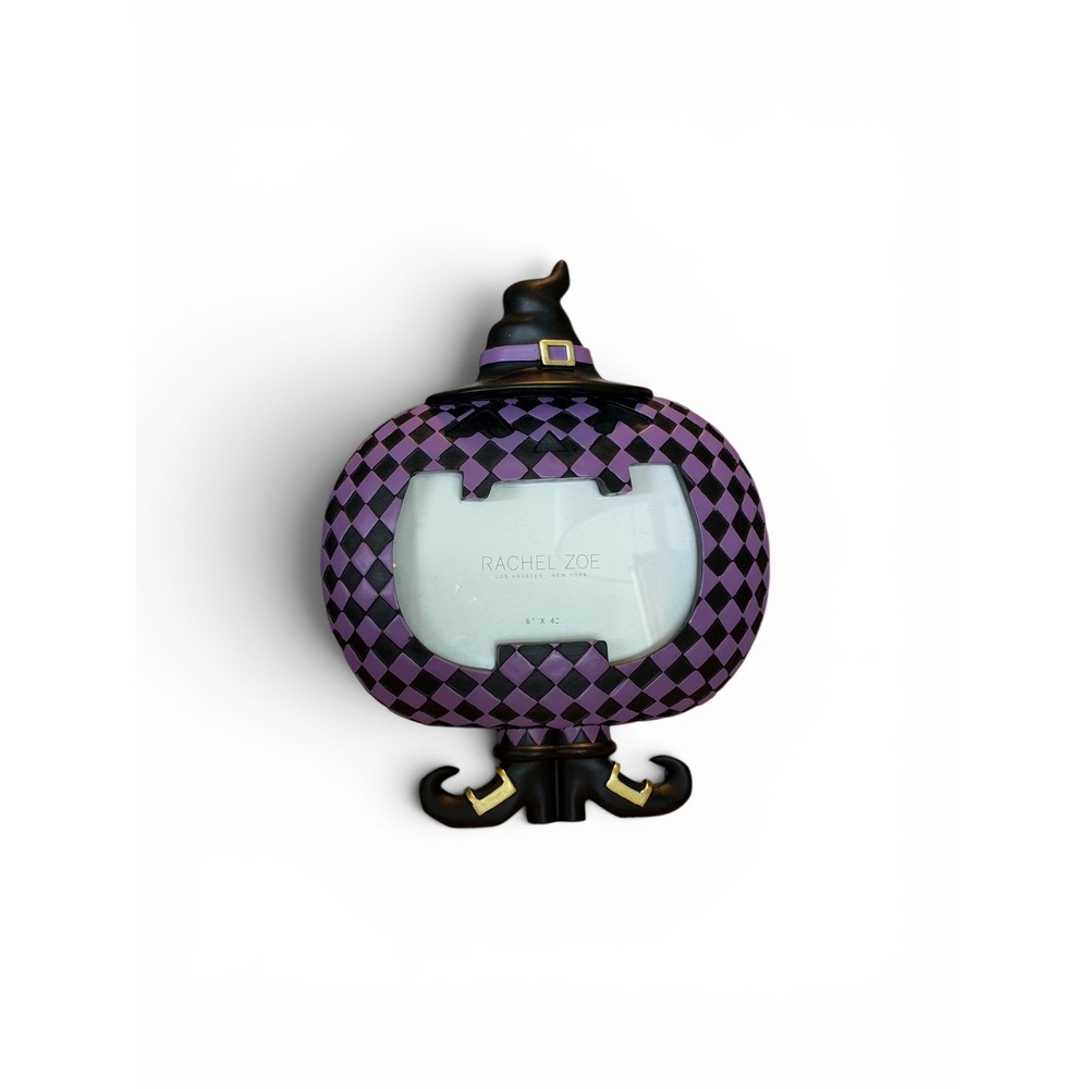 Rachel Zoe Halloween Pumpkin Witch Hat Photo Frame Purple Black Harlequin 4x6